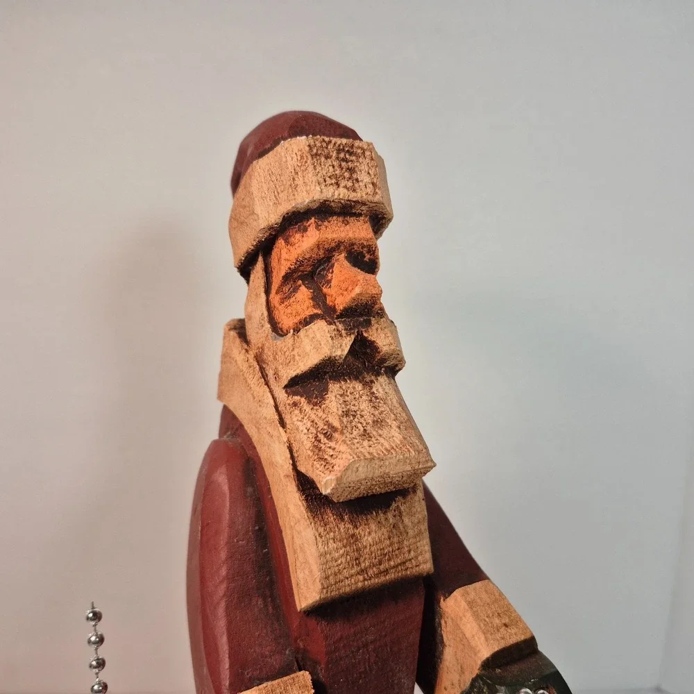 Hand Carved Folk Art Wood Santa Stringing Christmas Lights Signed JFS 11